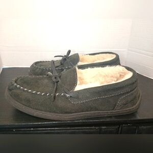 My Slippers Faux Fur Lined Leather Moccasin Mens 9 Gray Driving Loafer Comfy